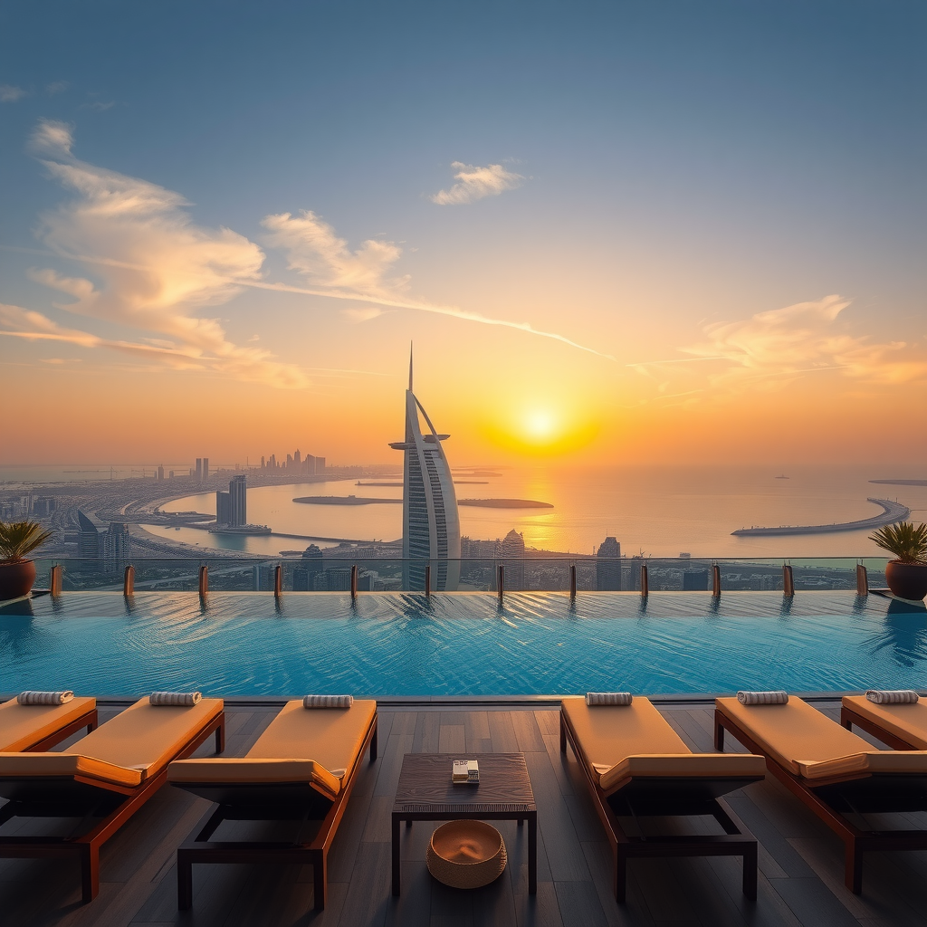 Breathtaking panoramic view from SkyPoolAuraView infinity pool overlooking Dubai skyline, Palm Jumeirah, and Arabian Gulf at sunset with luxury loungers and premium amenities