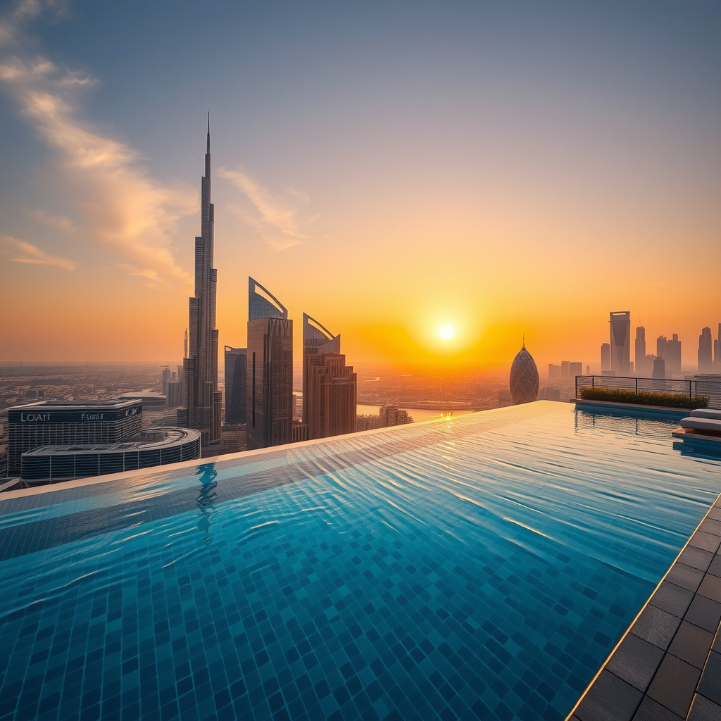 Stunning panoramic view of Dubai's skyline at golden hour from Sky Pool Aura View's infinity edge, showcasing the luxurious rooftop pool experience with crystal-clear water reflecting the sunset colors, modern architecture, and exclusive amenities visible in the background