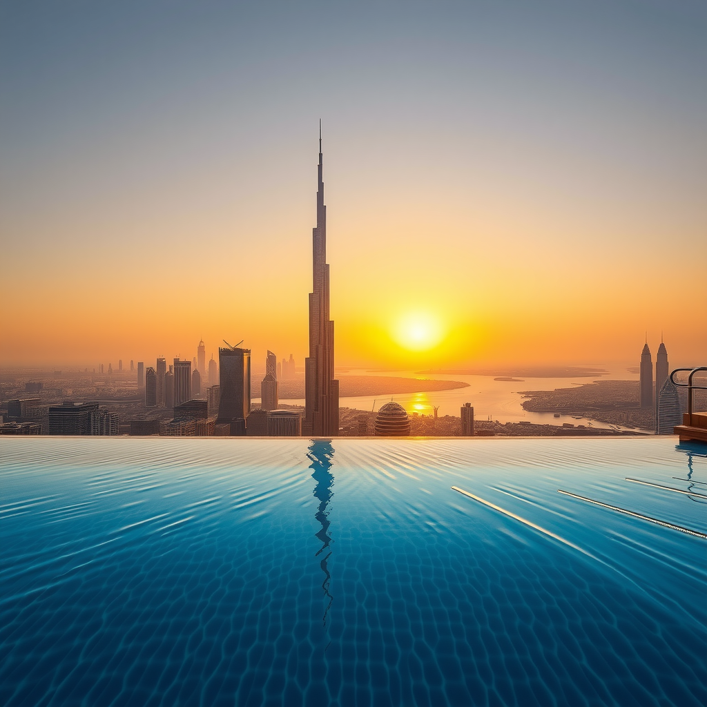 Breathtaking panoramic view of Dubai skyline from Sky Pool Aura View luxury infinity pool at sunset, featuring crystal-clear water reflecting golden hour light with Burj Khalifa in background