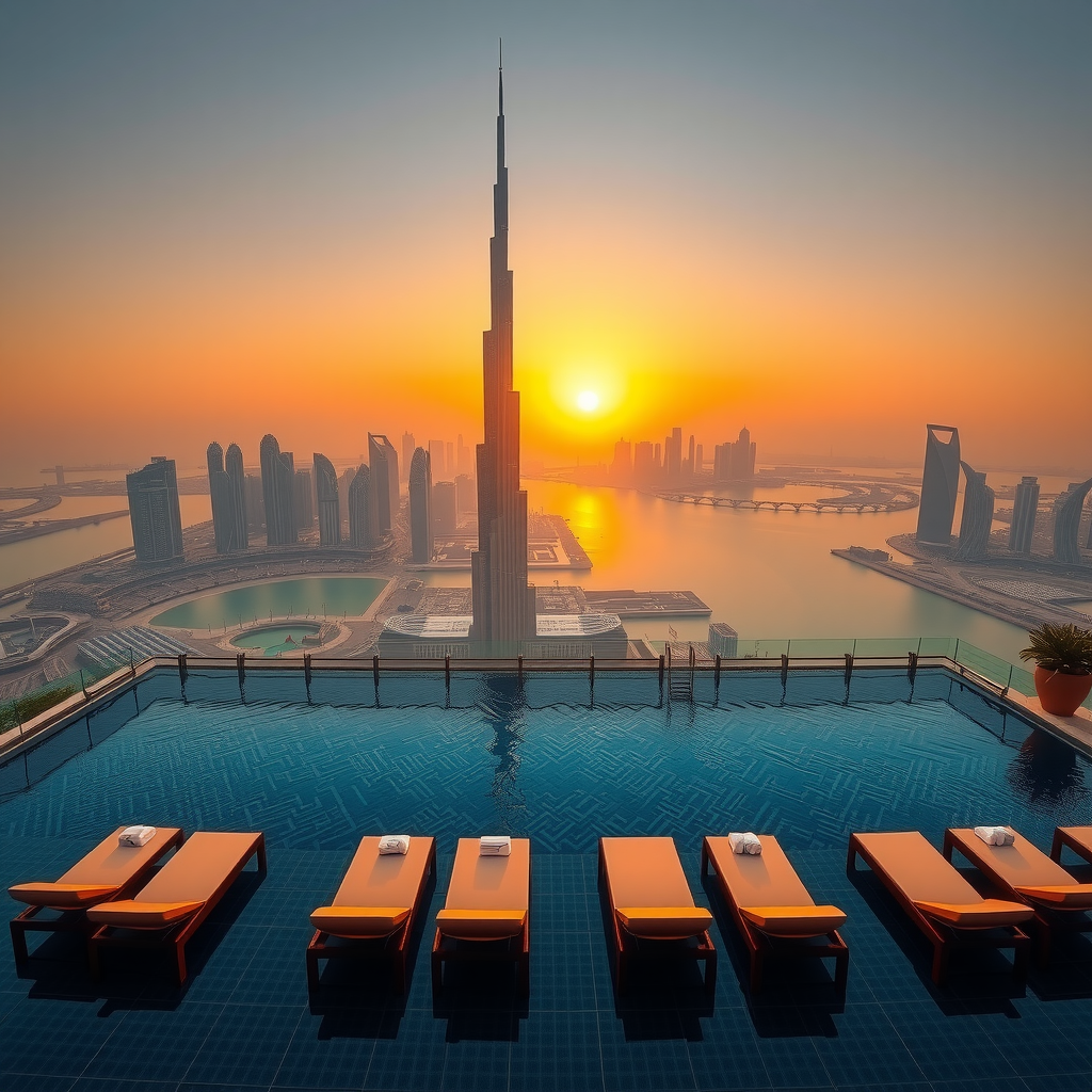 Breathtaking aerial view of Sky Pool Aura View infinity pool at sunset, showcasing the luxurious pool deck with premium loungers and the iconic Dubai skyline including Burj Khalifa in the background, golden hour lighting creating stunning reflections on the water