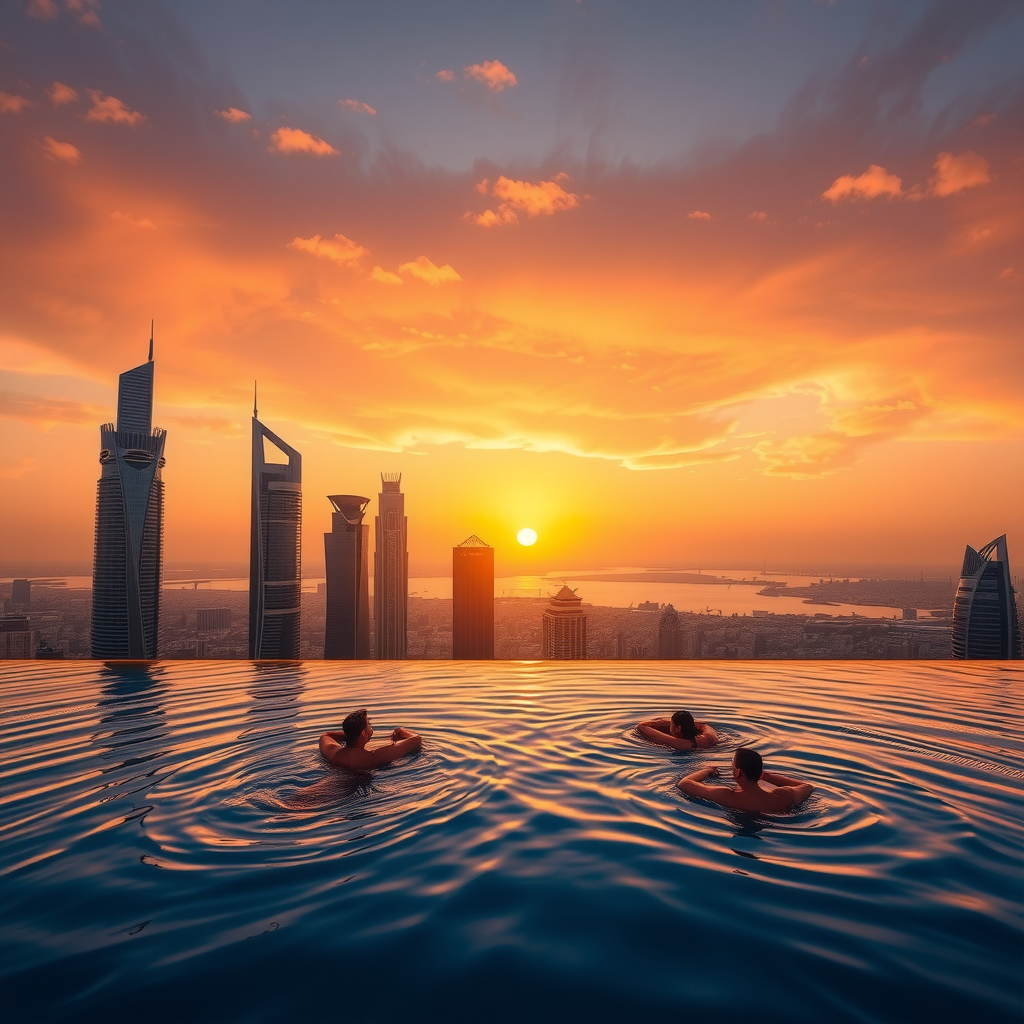 Breathtaking sunset view from Sky Pool Aura View infinity pool overlooking Dubai skyline with golden hour lighting reflecting off glass skyscrapers, warm orange and pink sky, silhouettes of swimmers enjoying the panoramic vista
