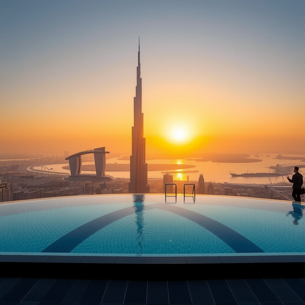 Aerial view of Sky Pool Aura View infinity pool at golden hour with Dubai skyline and Burj Khalifa in background