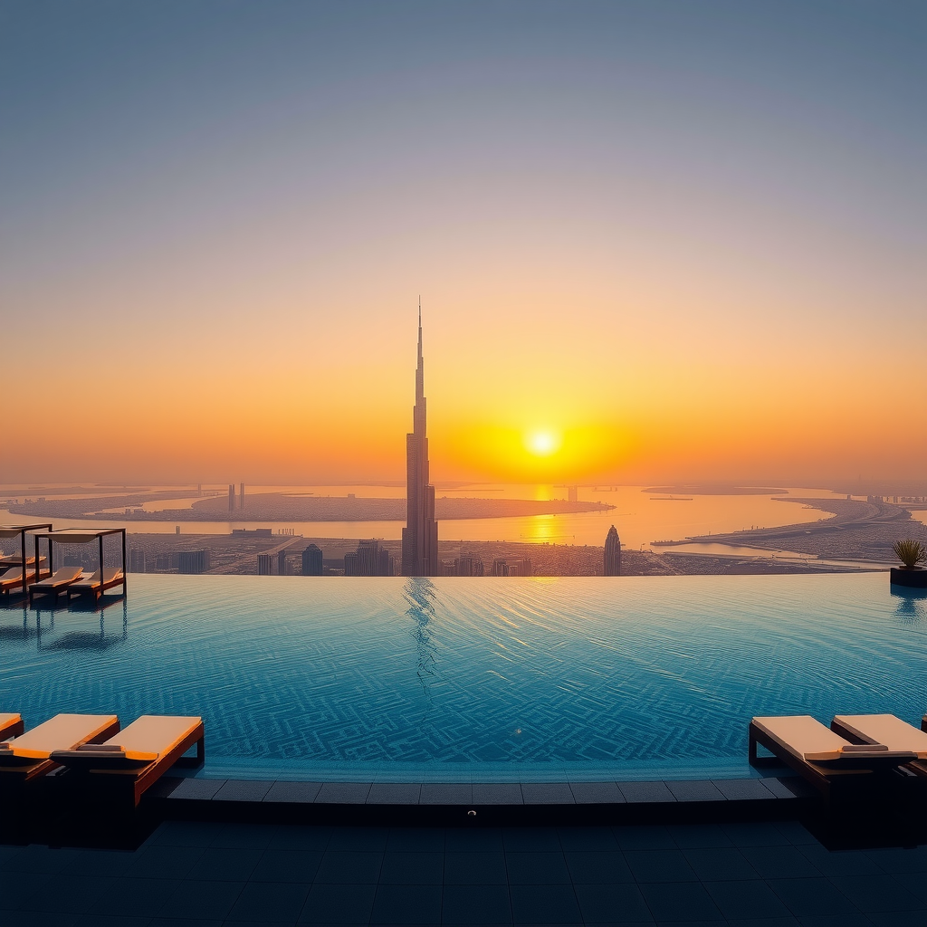 Panoramic view of Sky Pool Aura View infinity pool at sunset with Dubai skyline in background, luxury cabanas and poolside loungers, golden hour lighting