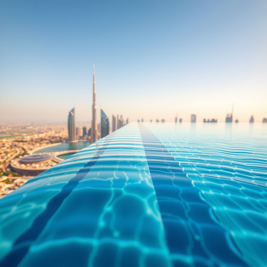Close-up view of SkyPoolAuraView infinity pool edge seamlessly merging with Dubai skyline horizon, showcasing crystal-clear water, luxury design, and panoramic city views