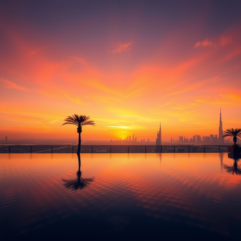 Enchanting sunset view from Sky Pool Aura View showing the magical golden hour transformation of Dubai's skyline, with warm orange and pink hues reflecting on the infinity pool water, silhouettes of palm trees, and the city lights beginning to twinkle as day turns to night