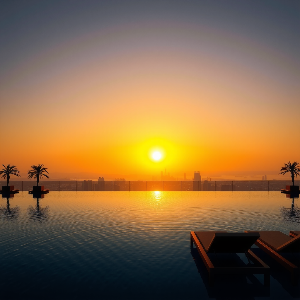 Stunning sunset view from Sky Pool Aura View infinity pool with golden hour lighting casting warm glow over Dubai skyline, silhouettes of palm trees and luxury loungers visible