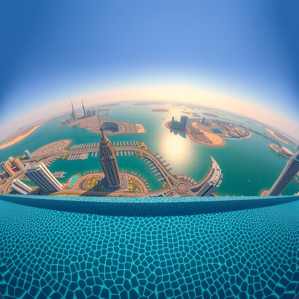 Stunning panoramic 360-degree view from Sky Pool Aura View infinity pool showcasing Dubai Marina, Palm Jumeirah, and the Arabian Gulf coastline, with the crystal-clear pool edge in the foreground and luxury high-rise buildings creating a spectacular urban landscape