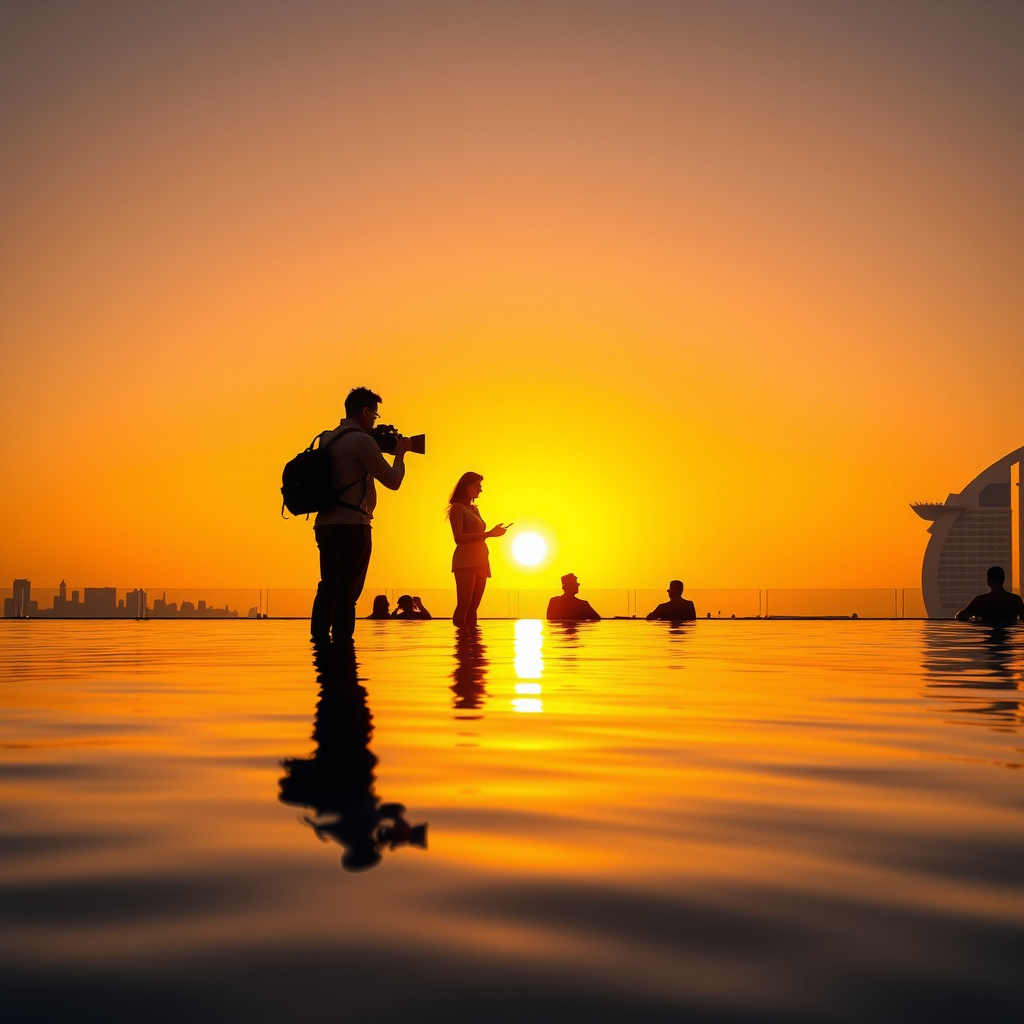 Professional photographer capturing stunning golden hour photos at infinity pool with warm sunset lighting, silhouettes of guests against orange sky, reflections in pool water, Dubai skyline in background