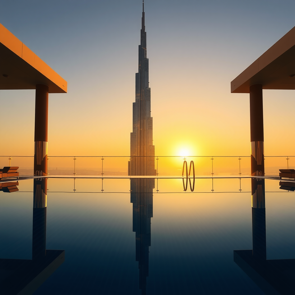 Morning golden hour at Sky Pool Aura View with perfect mirror reflection of Burj Khalifa in still pool water