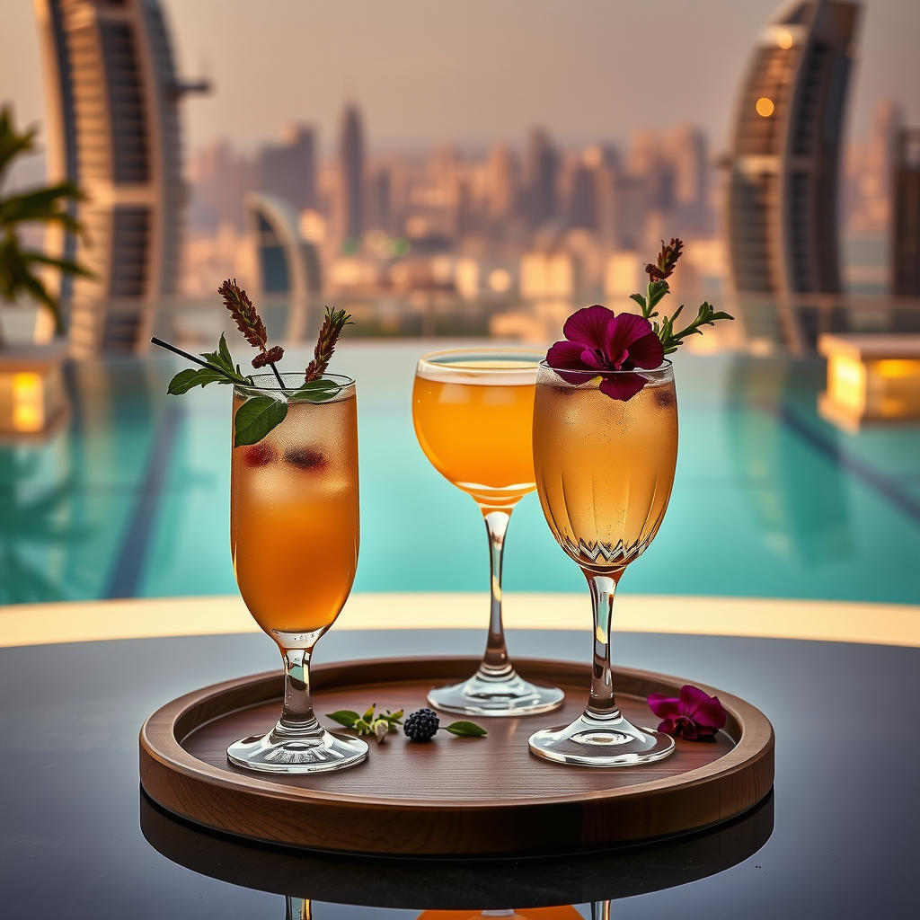 Elegant cocktails on poolside table with Dubai skyline view, golden hour lighting, garnished with fresh herbs and edible flowers, luxury glassware