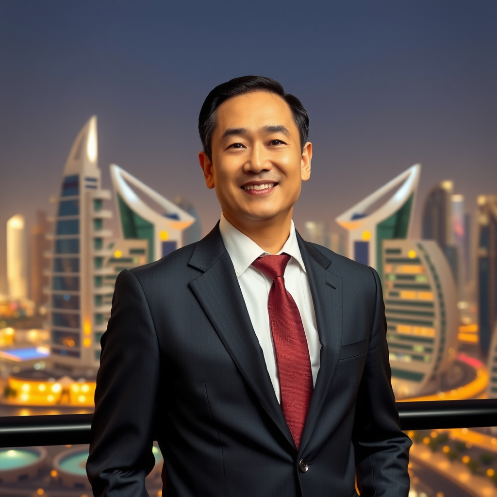 Professional portrait of SkyPoolAuraView General Manager in elegant business attire, standing confidently with Dubai skyline in background