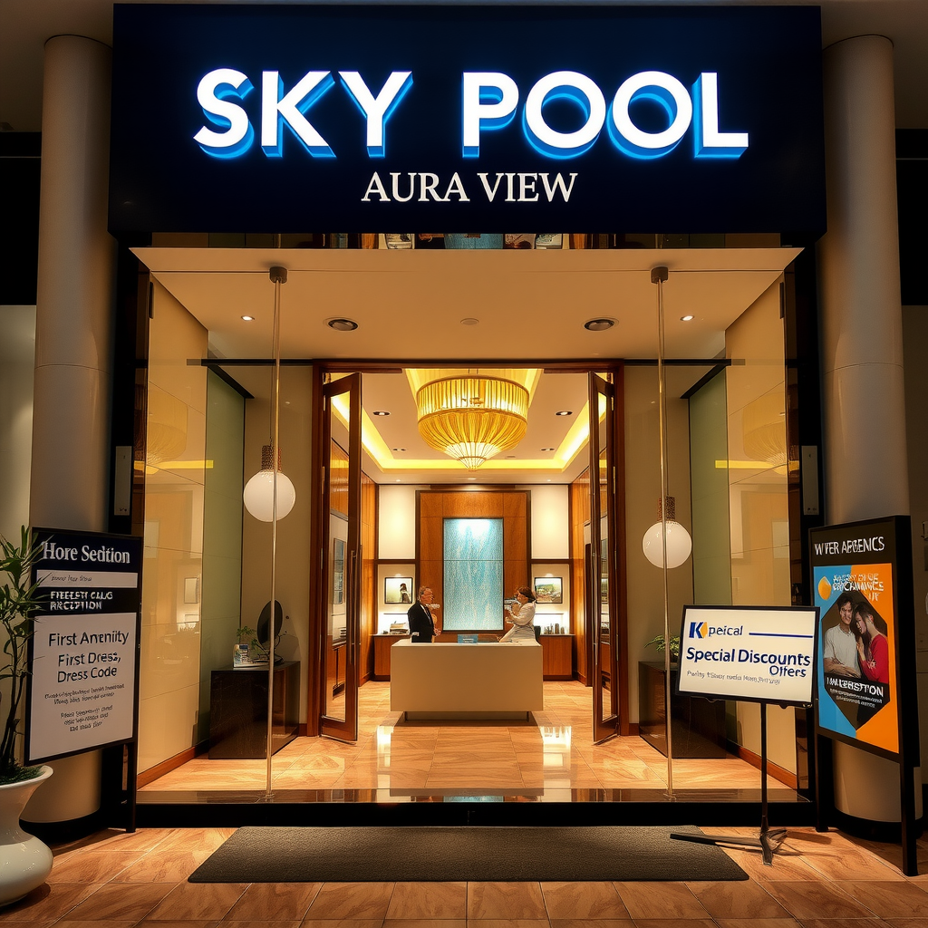 Welcoming view of Sky Pool Aura View's entrance and reception area with elegant signage, showing first-time visitors being greeted, luxury amenities on display, informational materials about dress code and booking procedures, and a prominent special discount offer badge for new guests