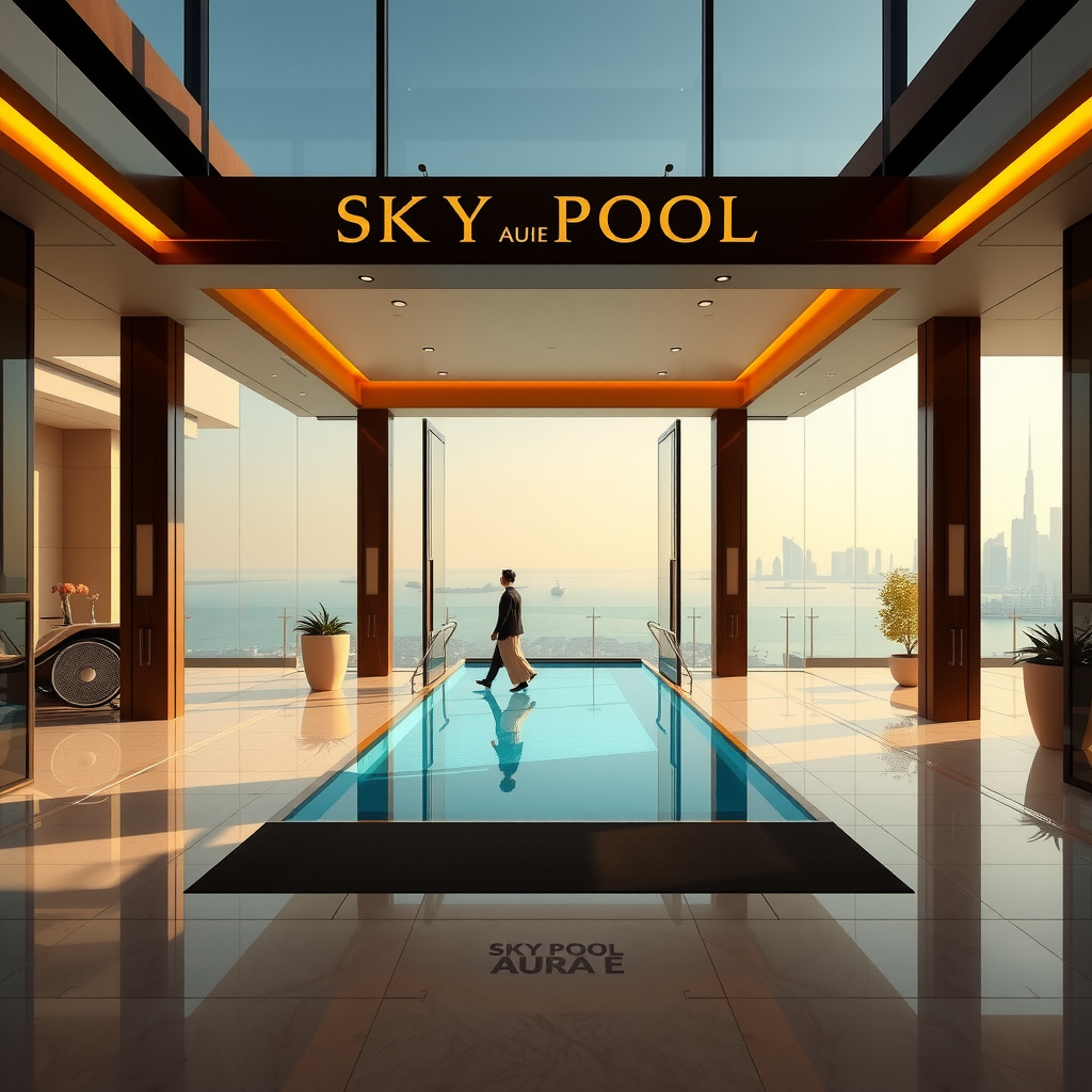 Welcoming view of Sky Pool Aura View entrance with elegant reception area, pristine infinity pool edge visible, first-time visitors being greeted by staff with Dubai skyline backdrop