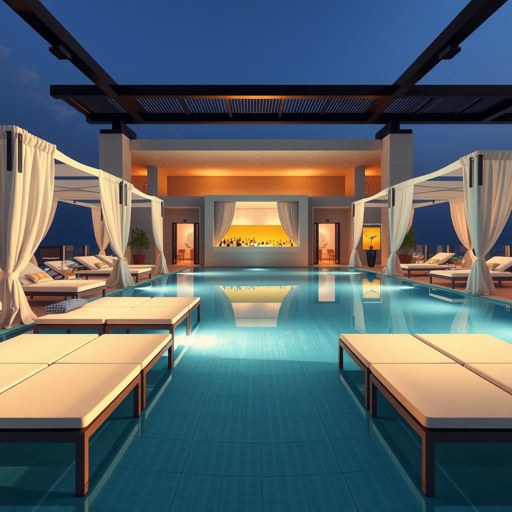 Elegant pool deck at Sky Pool Aura View featuring premium white loungers arranged perfectly, luxurious cabanas with flowing white curtains, sophisticated poolside bar with gold accents, and modern luxury design elements showcasing the impeccable service and amenities