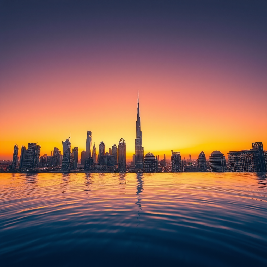 Dubai skyline transformation during sunset viewed from infinity pool, skyscrapers transitioning from daylight to illuminated night view, Burj Khalifa prominent in distance, gradient sky from orange to deep blue, city lights beginning to twinkle