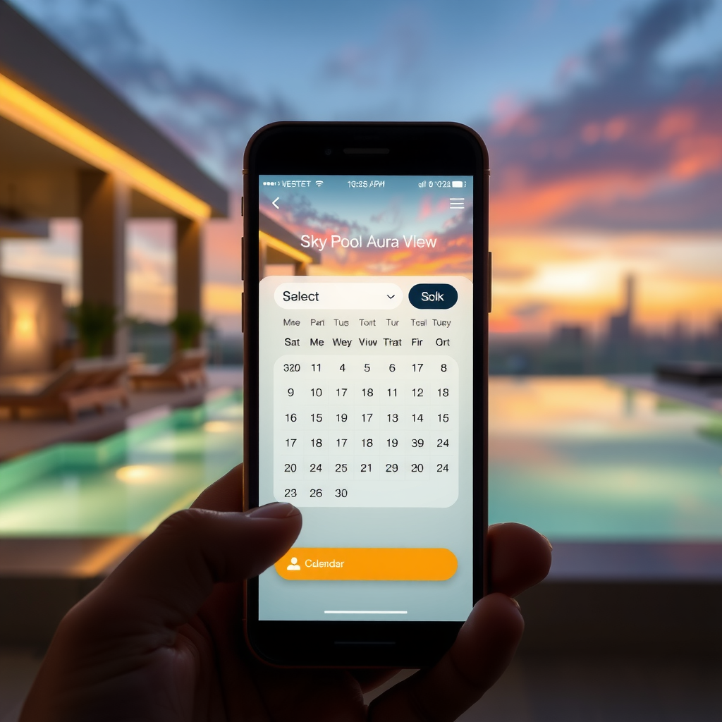 Modern smartphone displaying Sky Pool Aura View booking interface, elegant calendar selection, luxury booking system, user-friendly reservation process