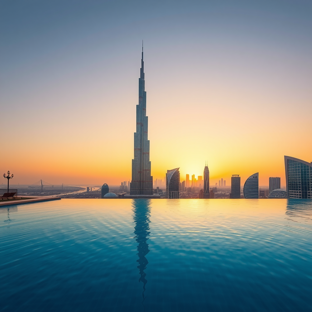 Professional composition demonstrating rule of thirds with infinity pool, Burj Khalifa, and Dubai skyline