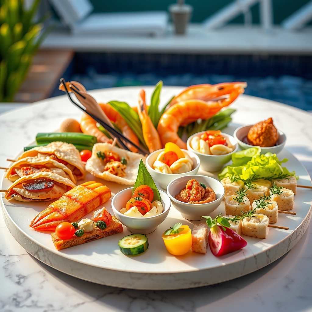 Elegant platter of gourmet appetizers and light bites on white marble table, fresh seafood, colorful vegetables, artistic presentation, poolside setting
