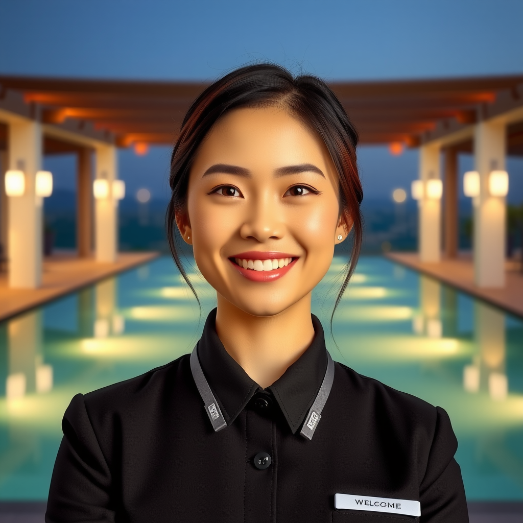 Welcoming portrait of SkyPoolAuraView Guest Relations Director smiling warmly in professional uniform with infinity pool in background