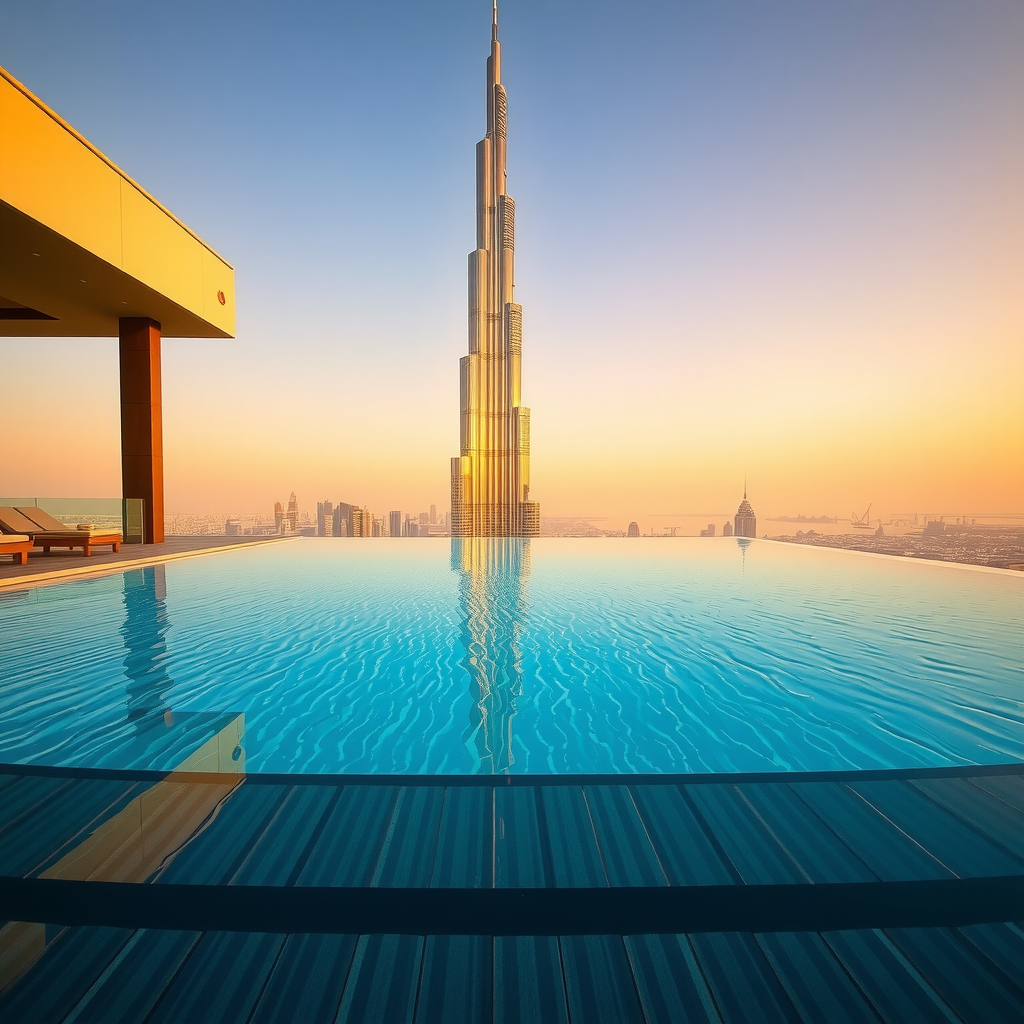 Perfect Instagram-worthy shot from Sky Pool Aura View showing crystal-clear infinity pool water reflecting Burj Khalifa, professional photographer capturing the moment with golden lighting