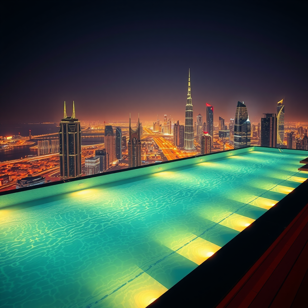 Magical evening scene at Sky Pool Aura View showing the illuminated infinity pool with elegant underwater lighting, Dubai's spectacular skyline lit up at night with thousands of twinkling city lights, creating a sophisticated and romantic atmosphere