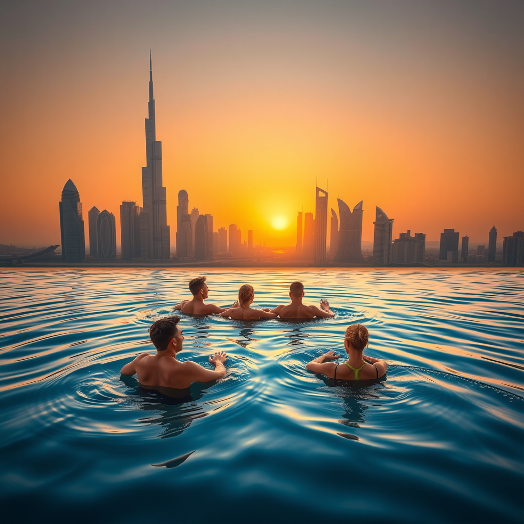 Guests comfortably swimming in infinity pool during sunset, relaxed atmosphere, warm evening light, people floating peacefully in water with Dubai skyline backdrop