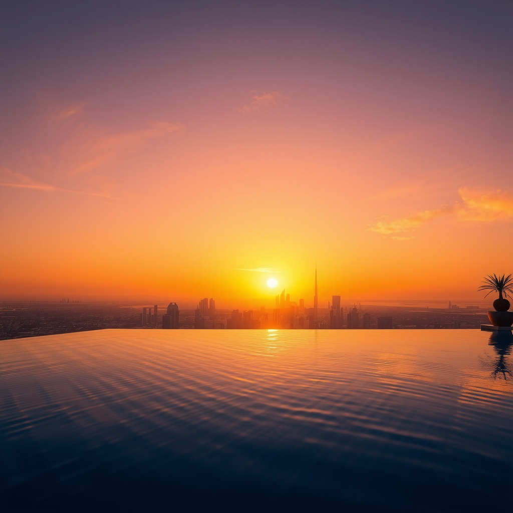 Spectacular sunset view from Sky Pool Aura View infinity pool, golden hour lighting, Dubai skyline silhouette, romantic atmosphere, pool edge reflecting orange and pink sky