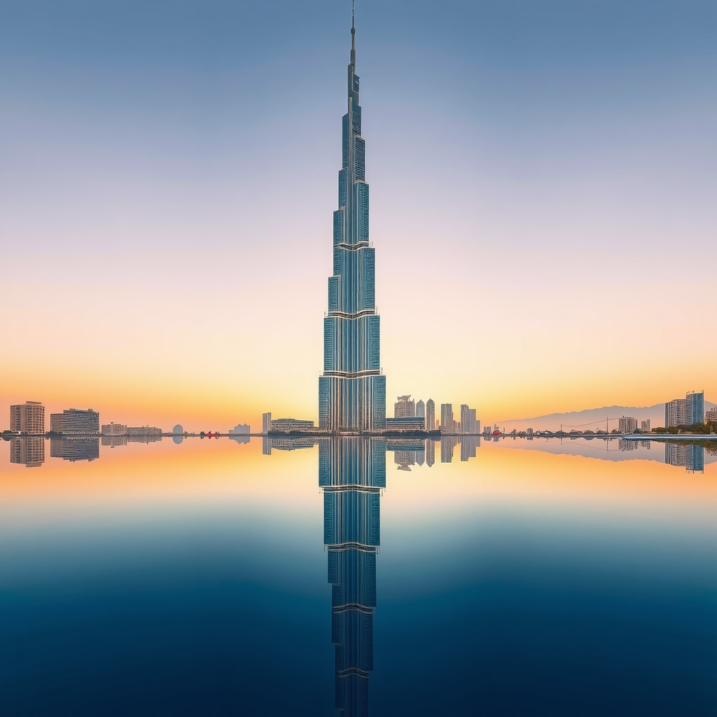 Perfect symmetrical reflection of Burj Khalifa and Dubai skyline in infinity pool creating mirror effect