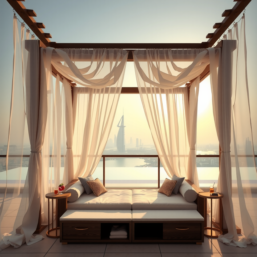 Luxury private cabana with white curtains billowing in breeze, plush daybed, side tables with refreshments, Dubai skyline visible through opening