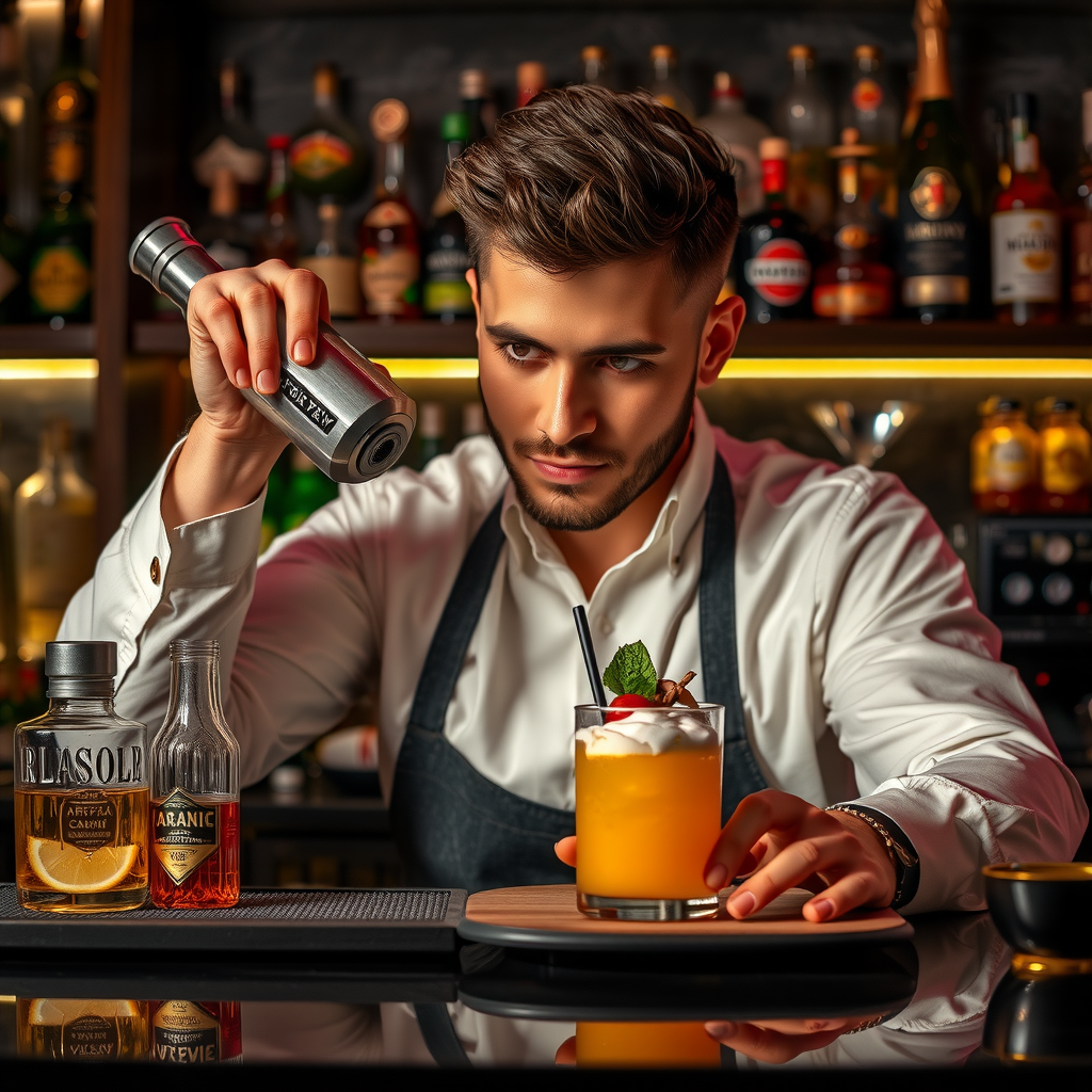 Creative portrait of SkyPoolAuraView Head Mixologist crafting signature cocktail with professional bar tools and premium ingredients