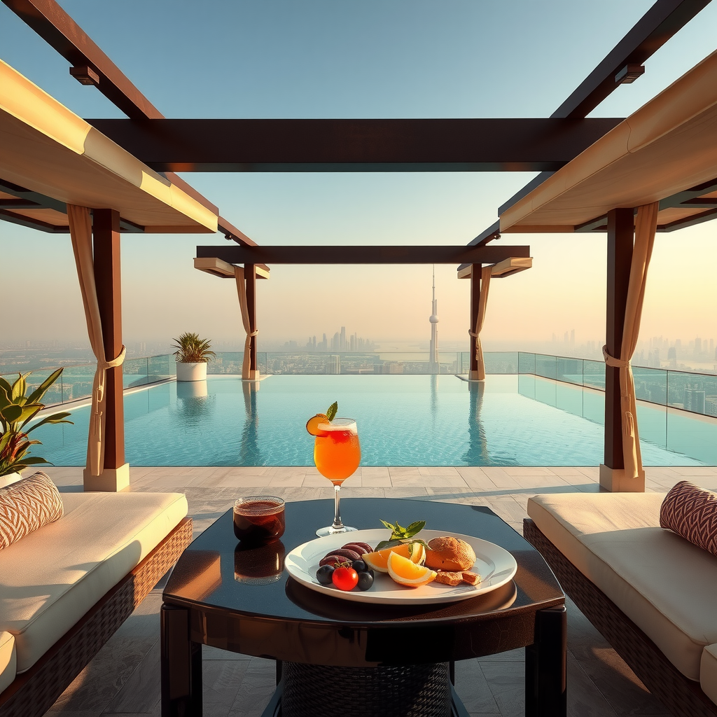 Luxurious Sky Pool Aura View amenities showcase featuring elegant private cabanas, signature cocktails on poolside table, gourmet light bites, and wellness services with panoramic Dubai view