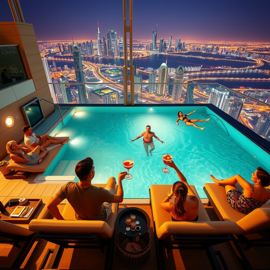 Guests enjoying the ultimate luxury experience at Sky Pool Aura View, showing people relaxing on premium loungers, couples swimming in the crystal-clear infinity pool, attentive staff serving elegant cocktails, and happy visitors capturing memories with the stunning Dubai skyline backdrop
