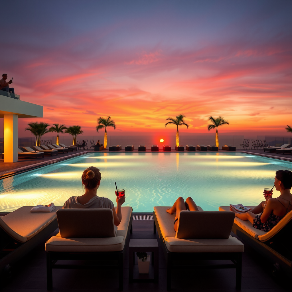 Luxury poolside loungers at sunset, guests relaxing with cocktails, ambient lighting beginning to glow, comfortable evening atmosphere at aura sky pool