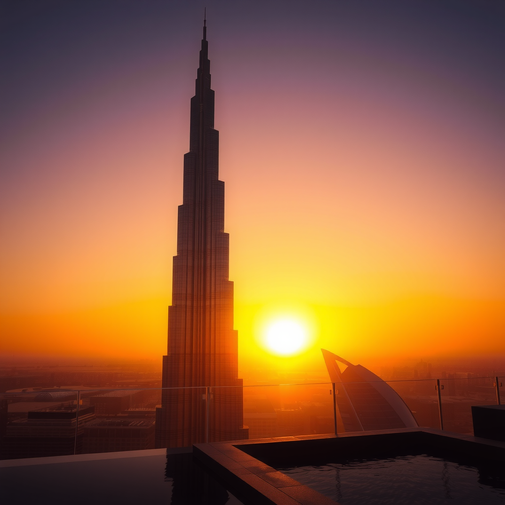 Dramatic silhouette of Burj Khalifa at sunset from Sky Pool Aura View with warm sky colors