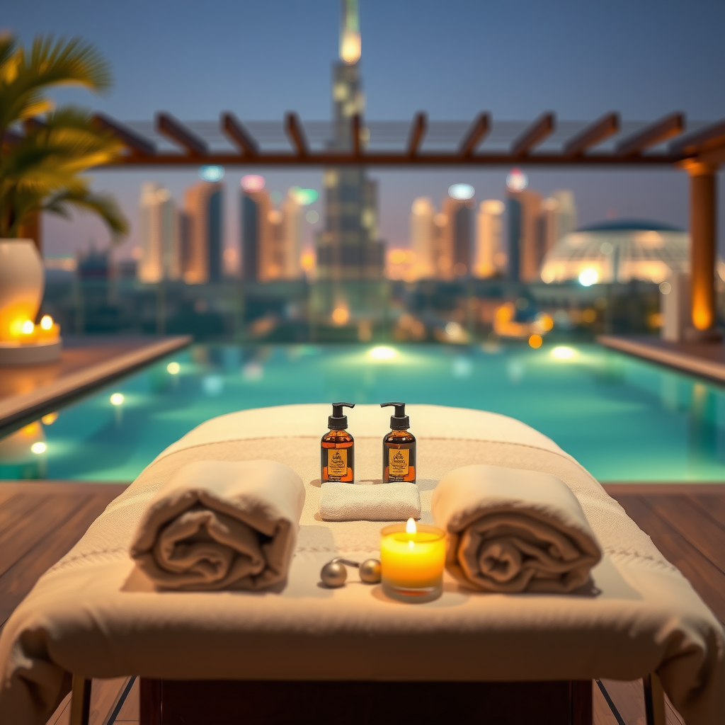 Serene poolside massage setup with massage table, aromatherapy oils, white towels, candles, Dubai skyline in soft focus background