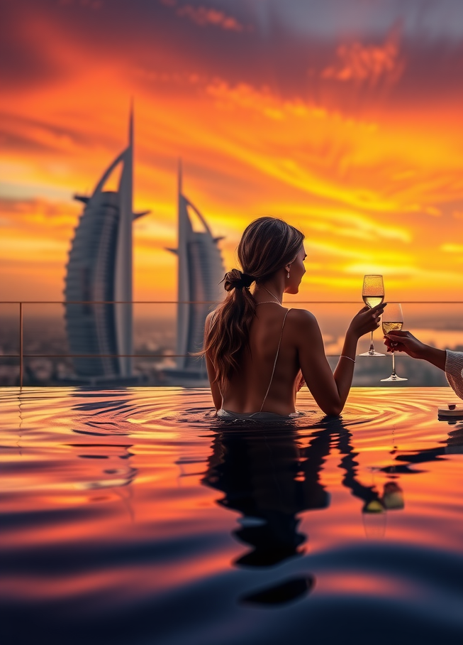 Romantic couple enjoying sunset at infinity pool, intimate atmosphere with warm lighting, champagne glasses, Dubai skyline silhouetted against colorful sunset sky, luxury romantic setting
