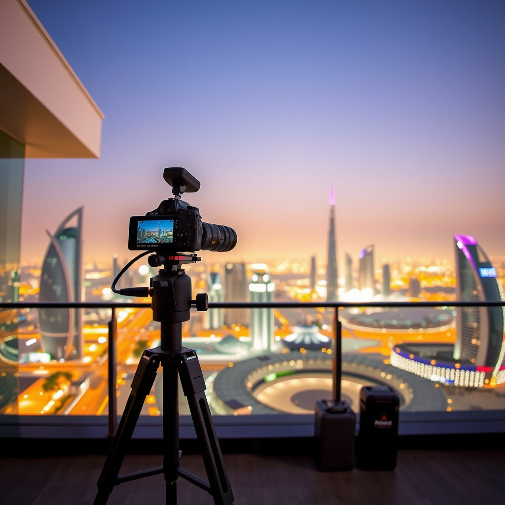 Professional photographer setup at Sky Pool Aura View with camera on tripod capturing Dubai skyline