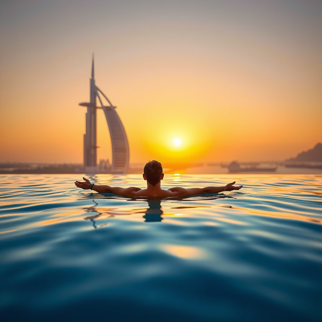 Instagram-worthy photo of guest in infinity pool with arms spread, Dubai skyline and sunset in background, golden hour lighting, luxury aesthetic
