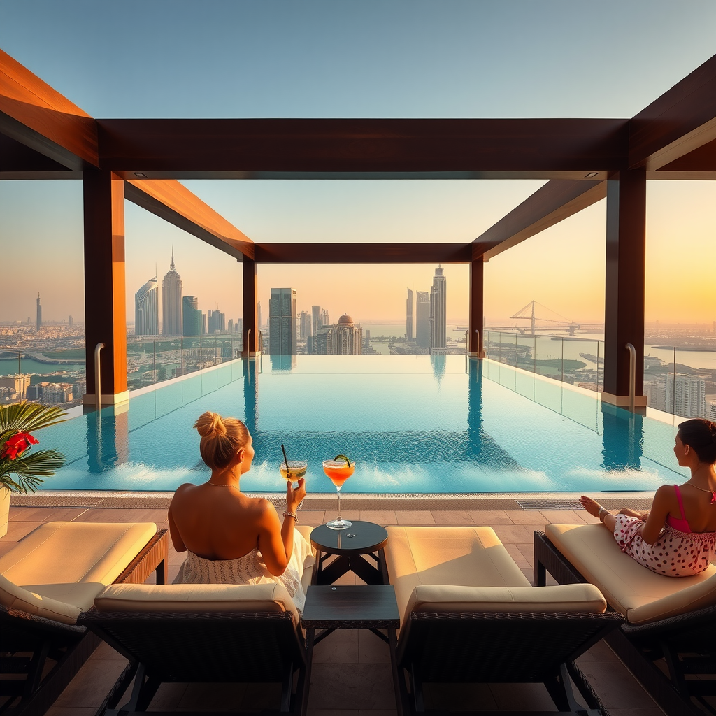Elegant poolside scene at SkyPoolAuraView showing premium loungers, attentive service, signature cocktails, and guests enjoying panoramic Dubai views in luxurious comfort