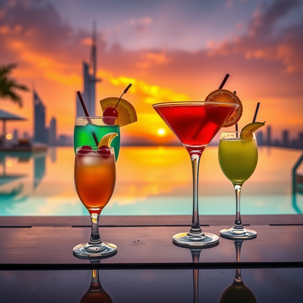 Elegant sunset cocktails served poolside, colorful drinks matching sunset colors, garnished with fresh fruit, Dubai skyline in background, luxury beverage service at infinity pool