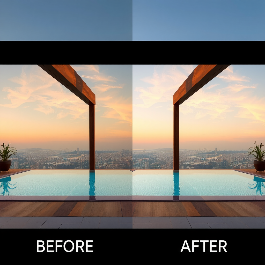 Before and after comparison showing professional photo editing of Sky Pool Aura View image