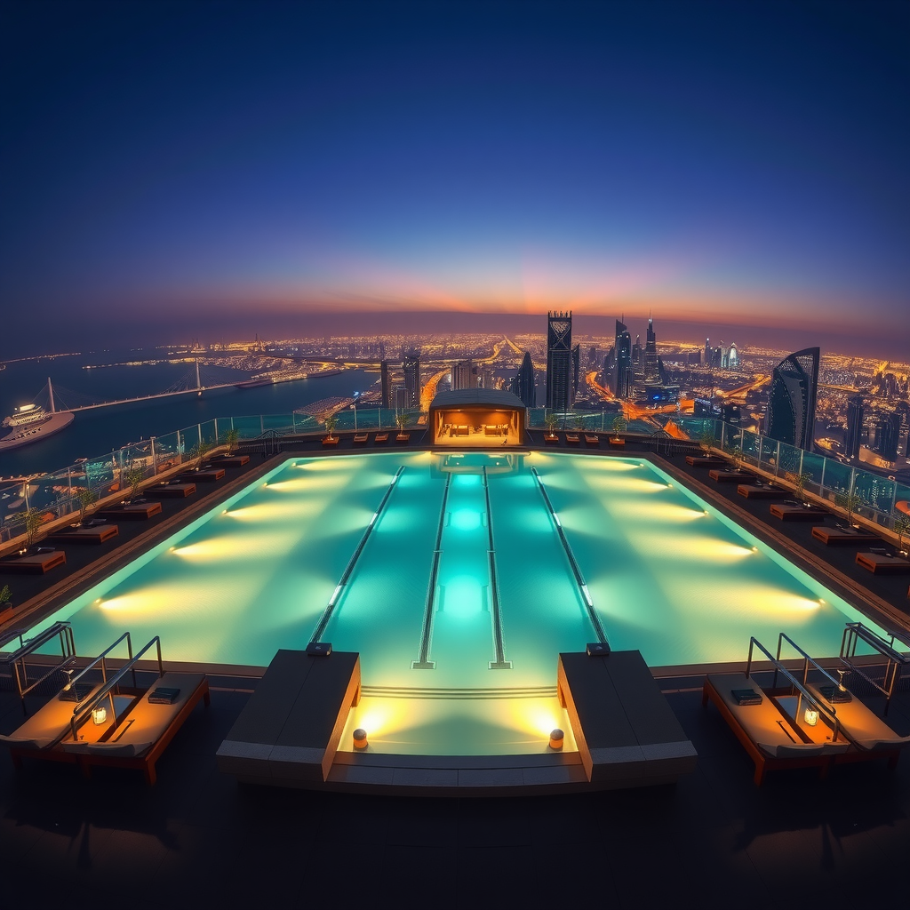 Wide panoramic shot of entire Sky Pool Aura View facility at dusk, illuminated pool, cabanas with soft lighting, Dubai skyline with city lights
