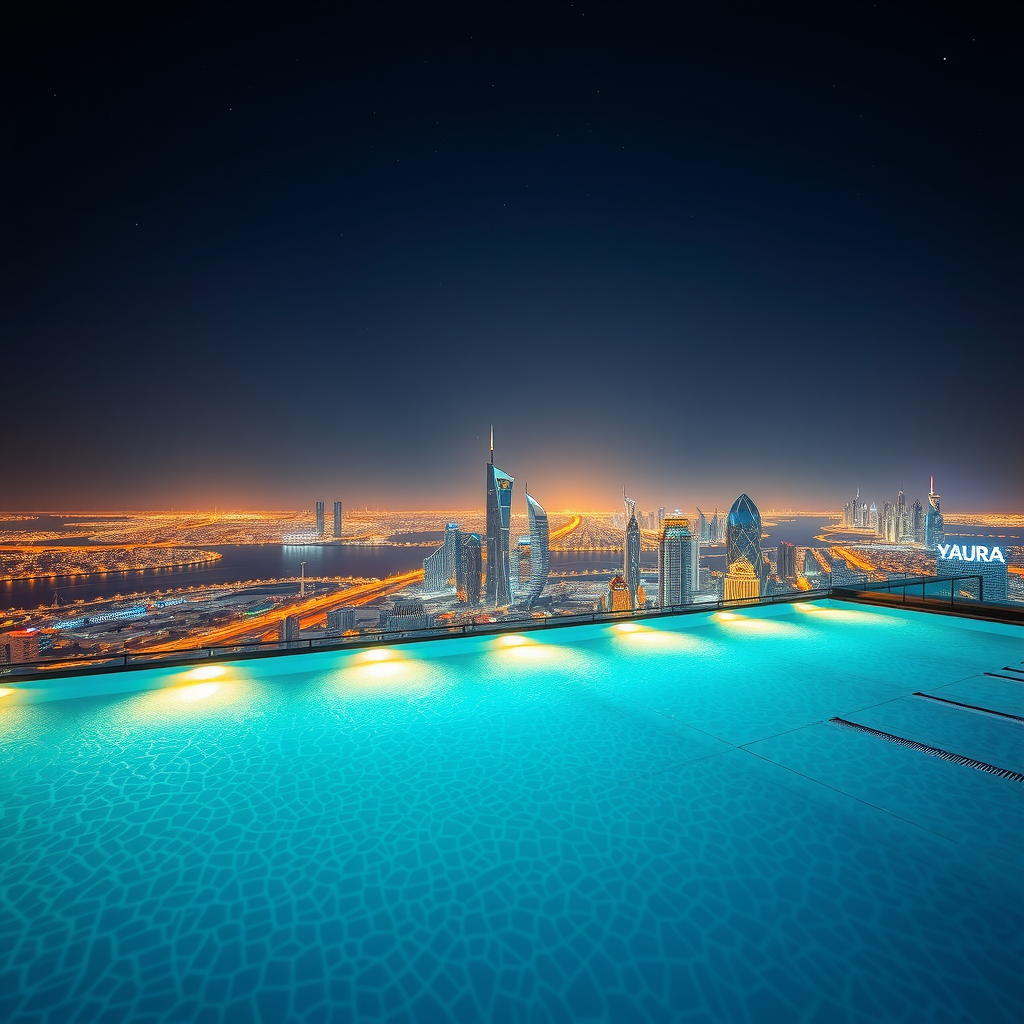 Sky Pool Aura View at night with illuminated infinity pool, Dubai skyline fully lit with thousands of lights, stars visible in clear night sky, luxury nighttime atmosphere at panoramic pool