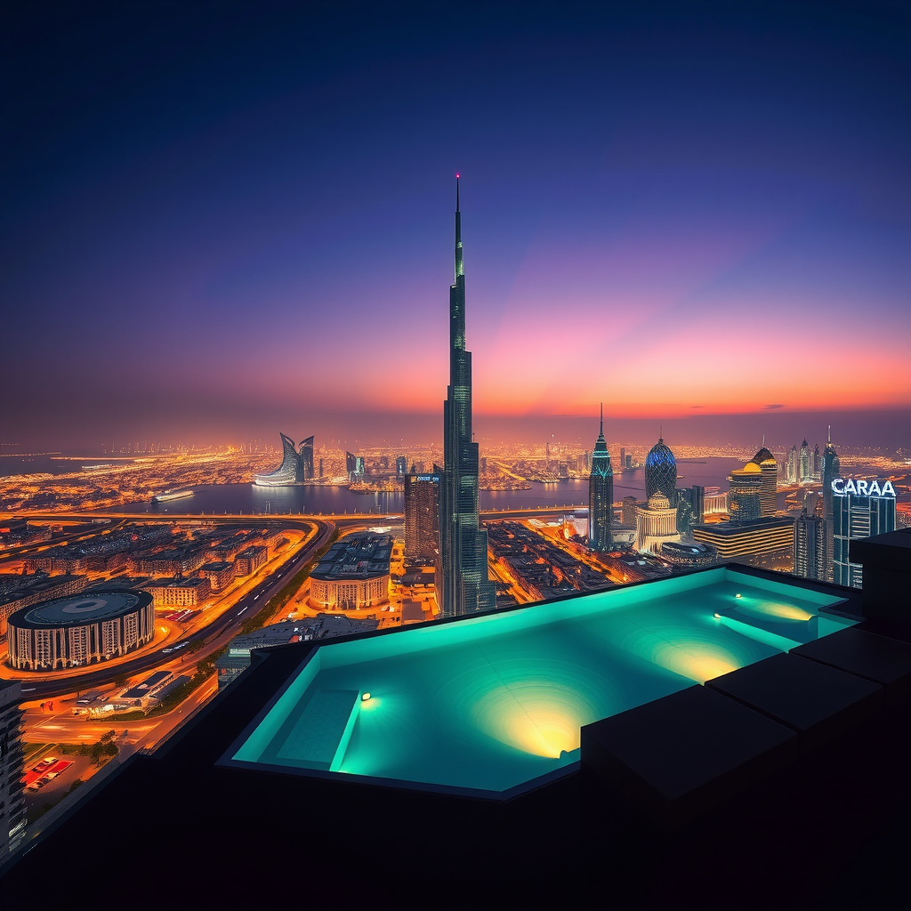 Spectacular panoramic twilight view from Sky Pool Aura View with illuminated Dubai skyline